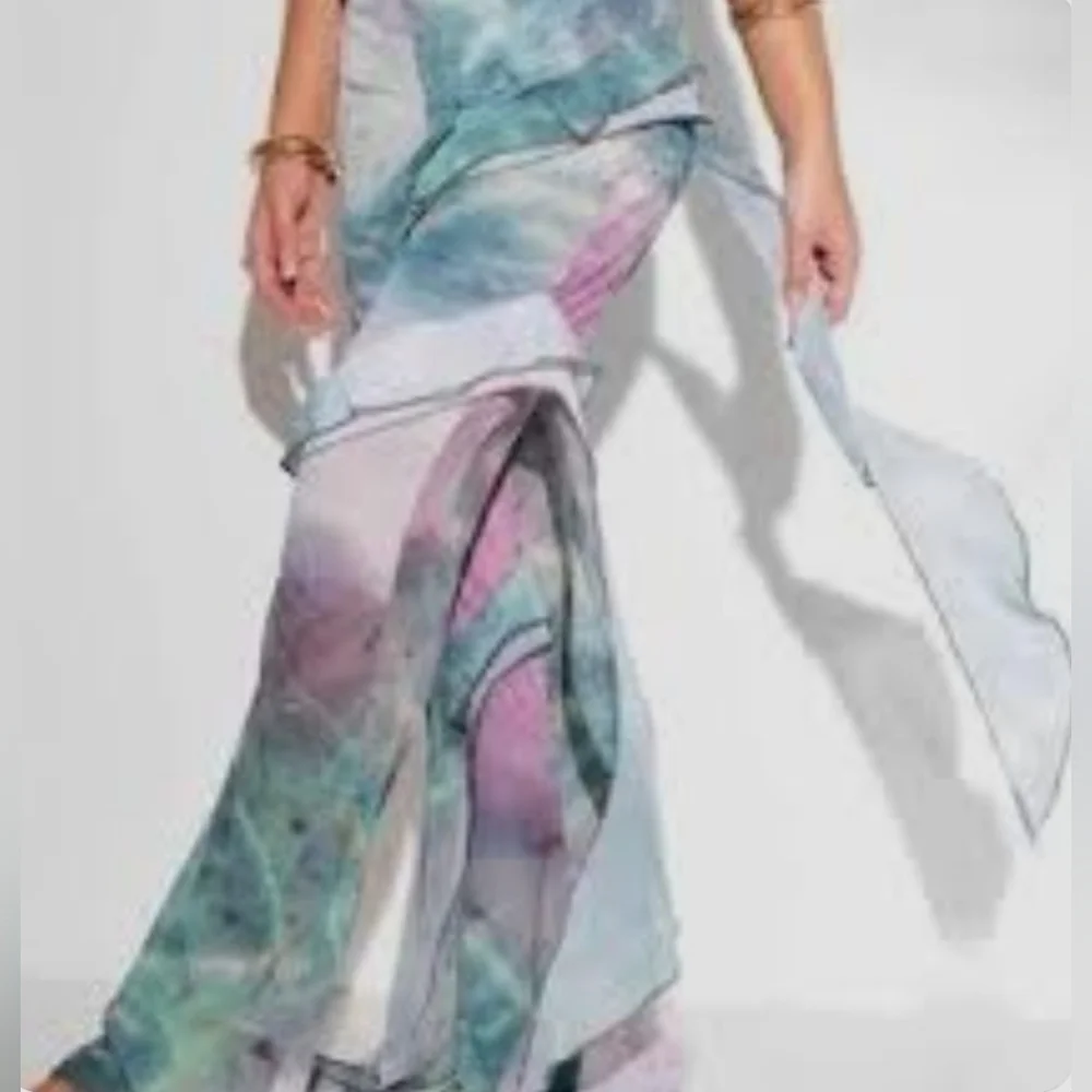 PrettyLittleThing PLT beach pants 6 green purple ruffles sheer wide leg swim new